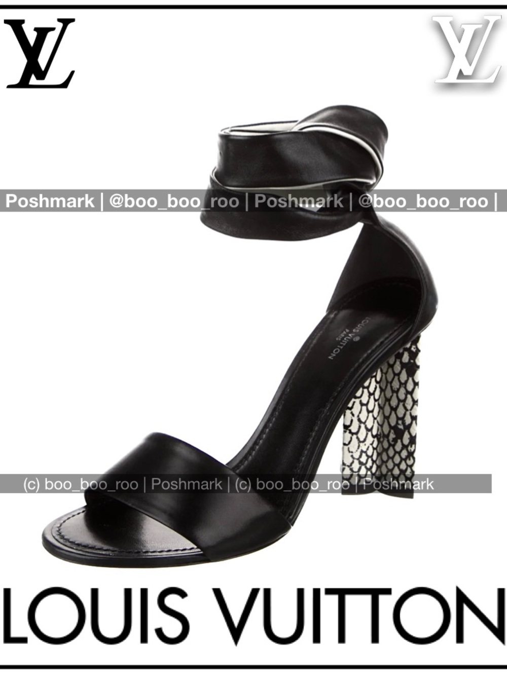 Louis Vuitton B/W Leather Ankle Wrap Pump w/Snakeskin/Python Designed Heel